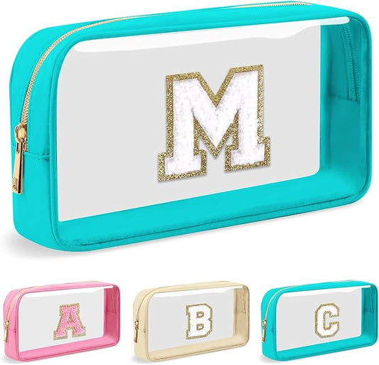 Personalized Initial Letter Clear Makeup Bag,Preppy Small Nylon&PVC Cosmetic Zipper Bag with Chenille Letter,Portable Beach Travel Skincare Toiletry Bag,Trendy Monogram Gift for Teen Girls Women,M