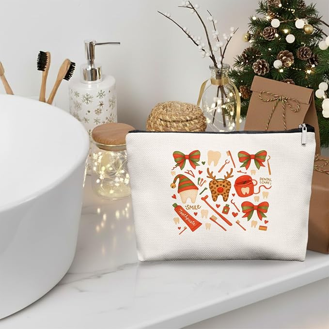Chirismas Cheetah Smile Dental Care Makeup Bag, Cute Tooth & Bow Cosmetic Pouch for Dental Assistant Hygienist Dentist Gift for Women