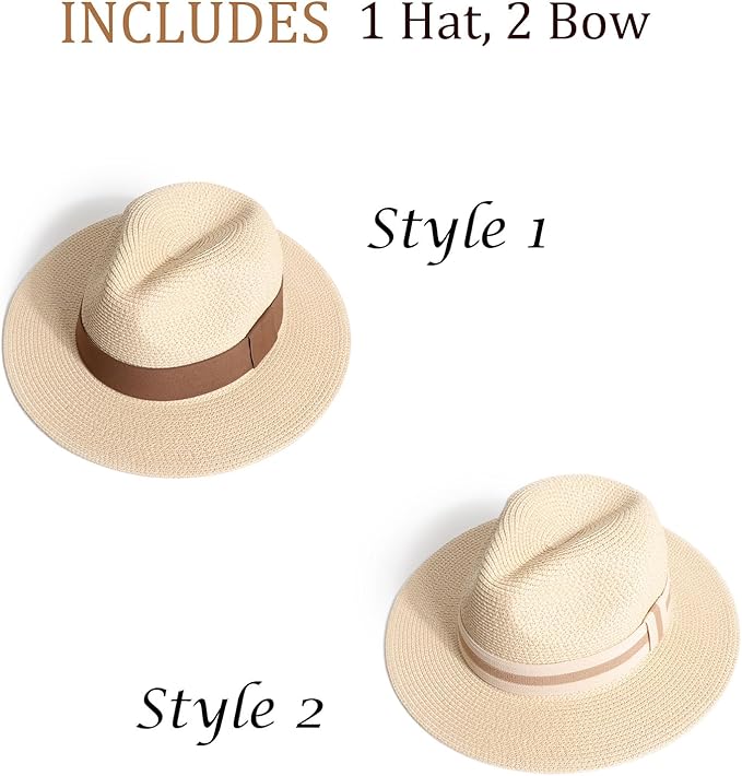 DRESHOW Women Straw Panama Hat Travel Fedora Beach Sun Hat Summer Wide Brim Straw Roll up Hat UPF 50+