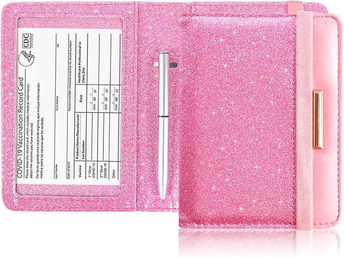 Caweet Passport Holder and Vaccine Card Holder Combo RFID Blocking Leather Vaccination Card Wallet with Elastic Band Closure, Glitter Pink