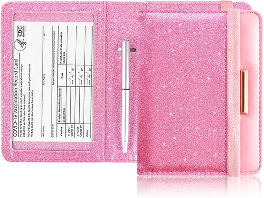 Caweet Passport Holder and Vaccine Card Holder Combo RFID Blocking Leather Vaccination Card Wallet with Elastic Band Closure, Glitter Pink