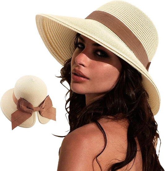 DRESHOW Sun Hats for Women Travel Fedora Foldable Beach Sun Hat Summer Wide Brim Straw Bucket Hat with Bowknot UPF 50+