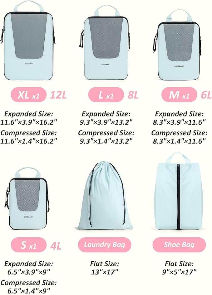 BAGSMART Compression Packing Cubes for Travel, 6 Set/5 Set/4 Set, Compression Suitcase Organizer Bags Set for Suitcases Travel Essentials, Lightweight Packing Organizers