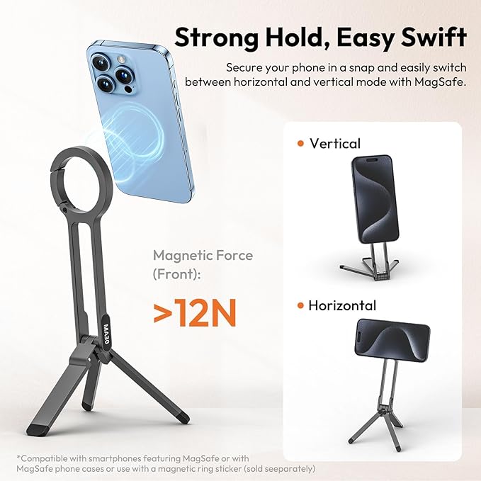 ULANZI MA30 Magnetic Phone Tripod Stand for iPhone-Aluminium Maglock Smartphone Mini Tripod Pocket Cell Phone Stand Strong Magnet Quick Mount Compatible with iPhone 17 16 15 14 13 12 Series, Dark Gray