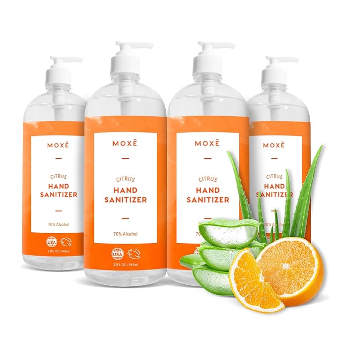 MOXE Citrus Hand Sanitizer Gel, Value Pack of 4, 32 oz Bottles, 70% Ethyl Alcohol Made in the USA, Protects Against Germs On-The-Go
