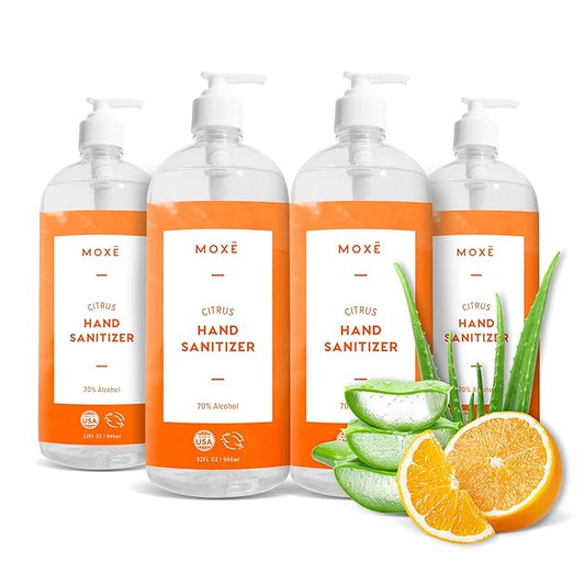 MOXE Citrus Hand Sanitizer Gel, Value Pack of 4, 32 oz Bottles, 70% Ethyl Alcohol Made in the USA, Protects Against Germs On-The-Go