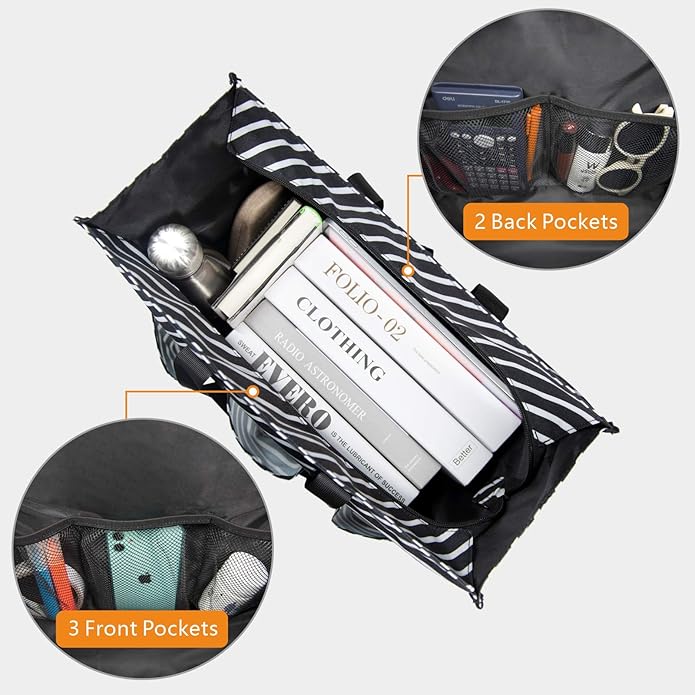 TOPDesign Utility Water Resistant Tote Bag with 13 Pockets, Top Zipper Closure & Thick Bottom Support, for Working Women