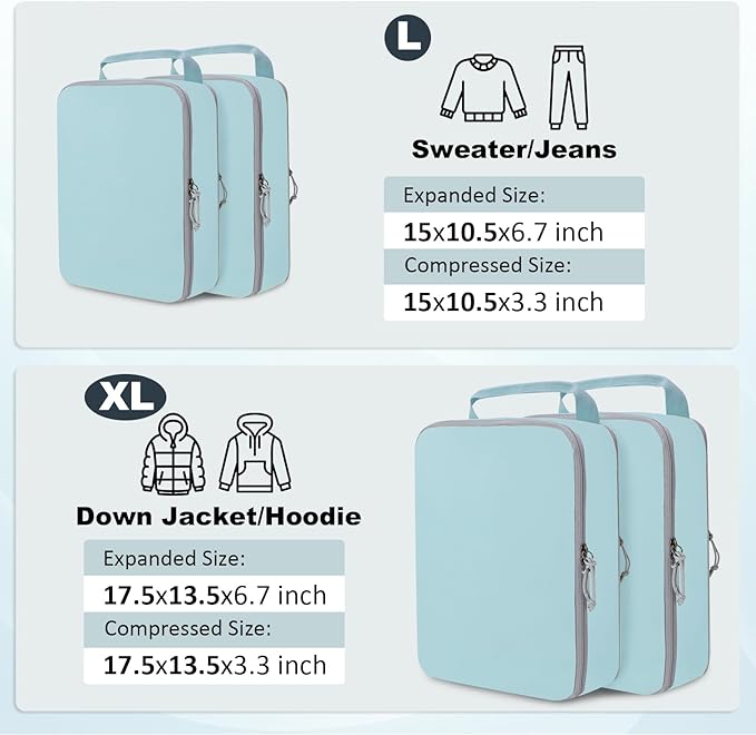 Extra Large Compression Packing Cubes for Travel Essentials, 2 Set Expandable Travel Cubes for Packing Compression Bags Luggage Suitcase Organizer, Blue