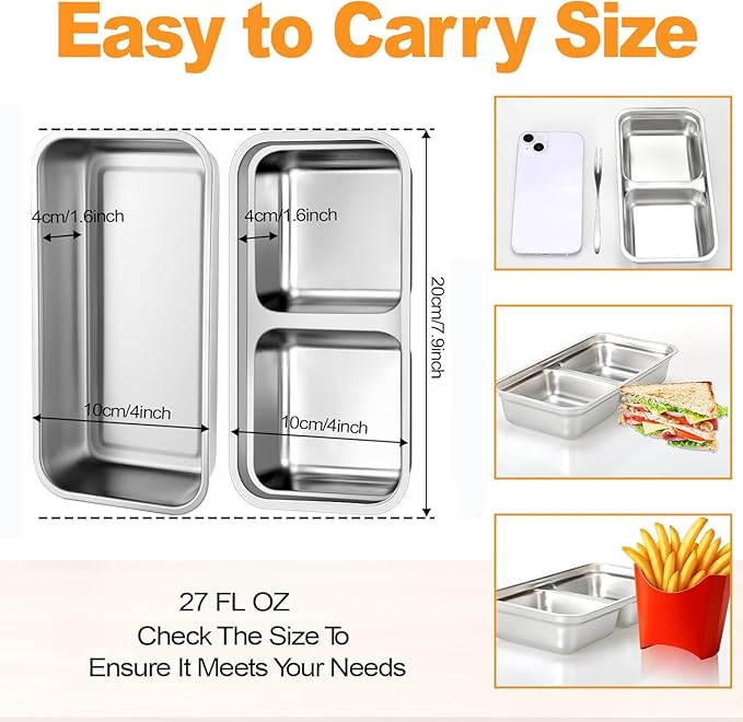 Ehigta 2 Pack Stainless Steel Snack Containers, Grab and Go Reusable Food Storage Containers with Lids for Lunch, Picnic, Outdoors & Fitness.