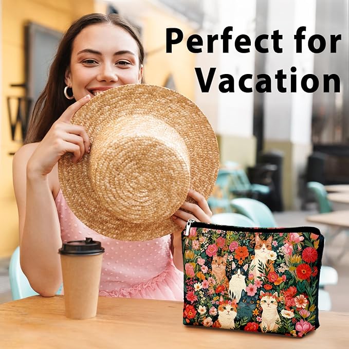 Retro Cat Makeup Bag, Kitty Cosmetic Zipper Travel Toiletry Bag for Traveling Women, Cute Black Cat Gifts for Women & Teen Girls, Cats Gifts Lovers