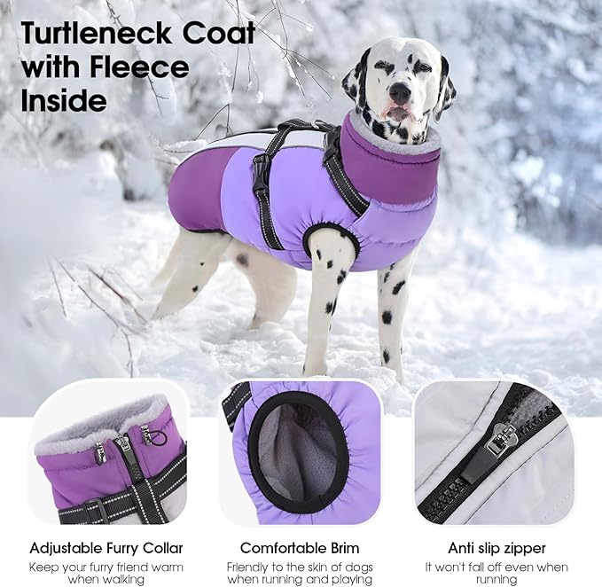 SUNFURA Dog Coat, Warm Dog Jacket with Harness Built in, Waterproof Pet Winter Coat Snowsuit with Zipper, Reflective Fleece Jacket for Extra Large Dogs, Weimaraner, Purple XXL