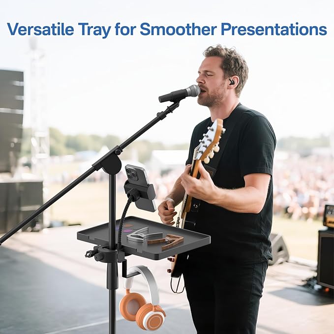 Functional Microphone Stand Tray with Adjustable Mic Stand Phone Holder - 8.7"x6.5" Mic Stand Tray Shelf Clamp-On Music Stand Accessory for Live Streaming Karaoke Recording