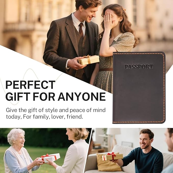 Genuine Leather Passport Holder for Travel,RFID Blocking Passport Cover, Men Passport Wallet, Folding Passport Clip with One Pocket, Two Card Slots, And One Passport Pocket(Coffee Brown)