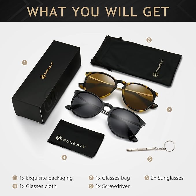 SUNGAIT Premium Vintage Round Sunglasses for Women Men Classic Retro Trendy Style