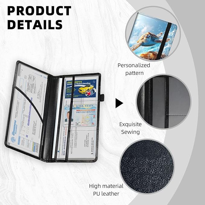 Car Registration and Insurance Holder PU Leather Vehicle Insurance and Registration Holders Wallet Case with Elastic Band Closure for ID Card, Driving Licence, Sea Turtle Swimming