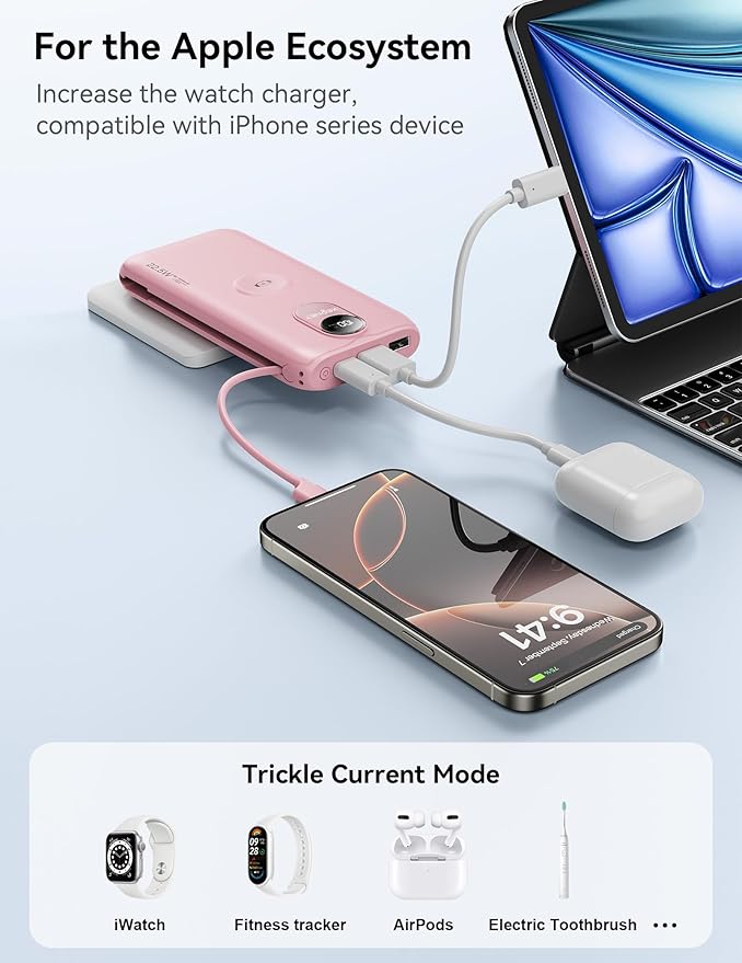 Portable Charger, 10000mAh 22.5W Fast Charging Power Bank with Built in Cable & Wall Plug, Travel Essential Battery Pack with LED Display, External Charger for iPhone, iWatch 11/10/9/8/Ultra/SE Pink