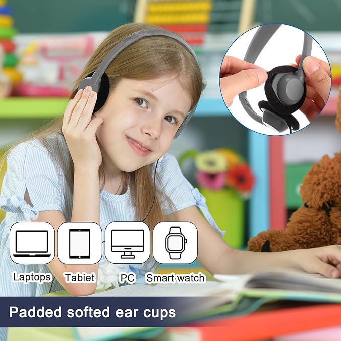 Yunsailing 30 Pack Bulk Headphones Set Over Ear Headphones with Adjustable Headband 3.5mm Plug Headsets Earphones for Learning Program, Computer Lab, Library, Testing & Multimedia Use (Grey)