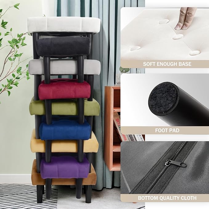 HOUCHICS Small Footstool Ottoman,Velvet Soft Footrest Ottoman with Wood Legs,Sofa Footrest Extra Seating for Living Room Entryway Office(White 2PACK)