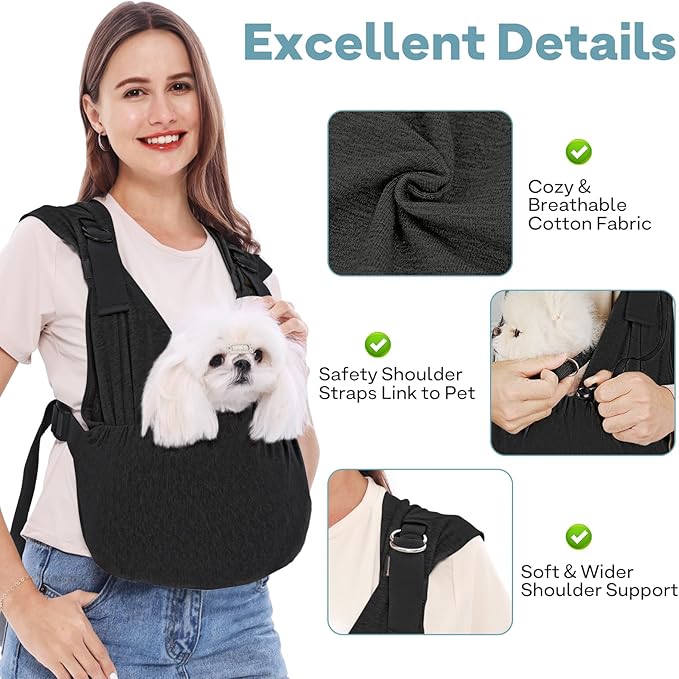 Supet Dog Carrier Sling for Small Dogs, Front Facing Cat Sling Carrier Chest, Hands Free Pet Sling Carrier, Adjustable Dog Front Carrier, Reducing Back Pain, Anti Pet Anxiety (Black, Plus)