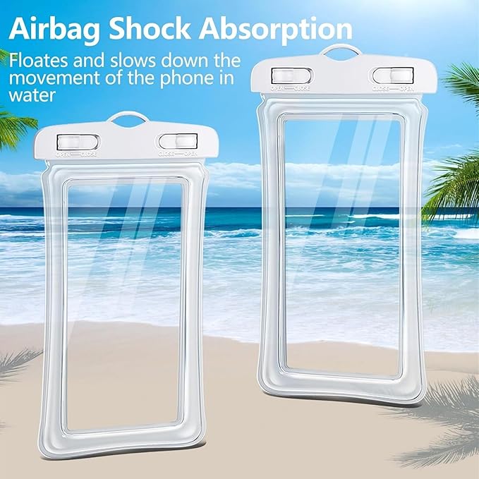 Waterproof Phone Case Small Pouch Beach Dry Bag with Cell Phone Hook Lanyard, Water Proof Phone Protector Gasbag Pouch, Underwater Snorkeling and Swimming Phone Airbag Clear Case (White)