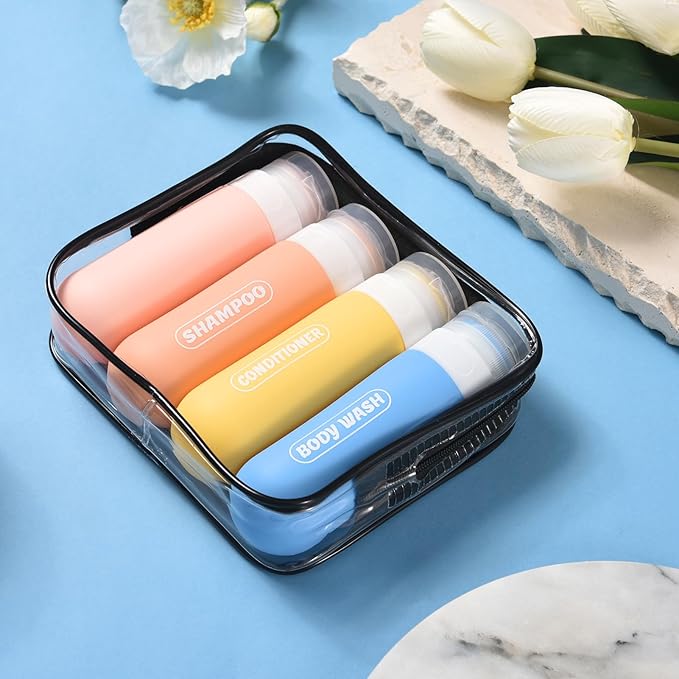 Silicone Travel Bottles for Toiletries with Labels, 3oz TSA Approved Squeezable Travel Size Containers, Leak Proof Travel Shampoo and Conditioner Bottles with Toiletry Bag (4 Pack, Light Color)