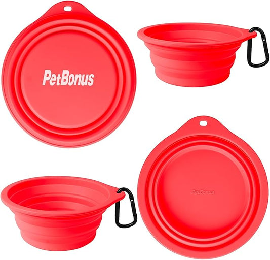 PetBonus 2-Pack Silicone Collapsible Dog Bowls, BPA Free Dishwasher Safe, Portable Foldable Expandable Travel Bowl, Food Water Feeding Cup Dish for Dogs Cats with 2 Carabiners (Black, Red)