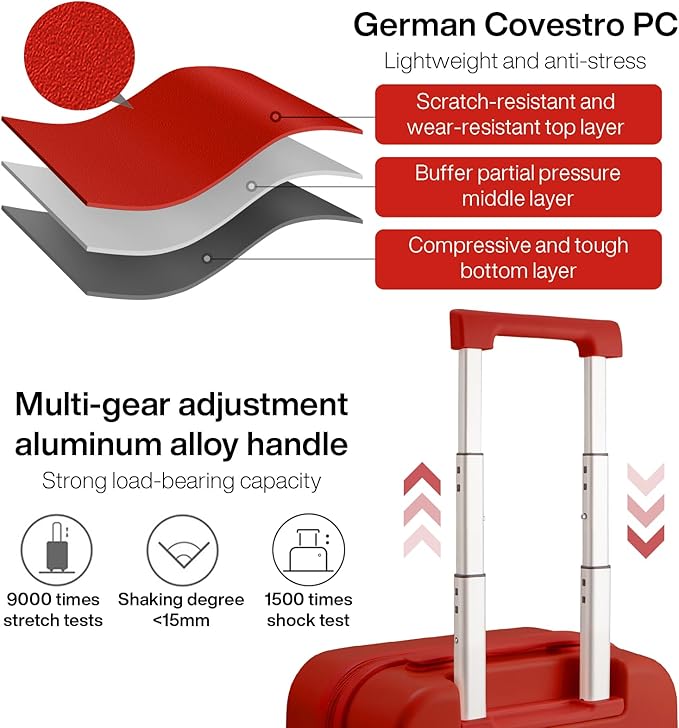 mixi Carry on Luggage, 20'' Suitcase Spinner Wheels Luggage Hardshell Lightweight Rolling Suitcases PC with Cover & TSA Lock for Business Travel, Red