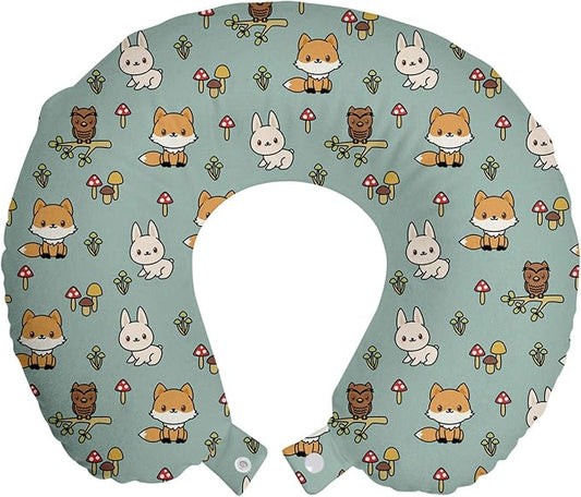 Ambesonne Woodsy Travel Pillow Neck Rest, Friendly Woodland Creatures Mushrooms and Plants in Cartoon Style, Memory Foam Traveling Accessory for Airplane and Car, 12", Multicolor