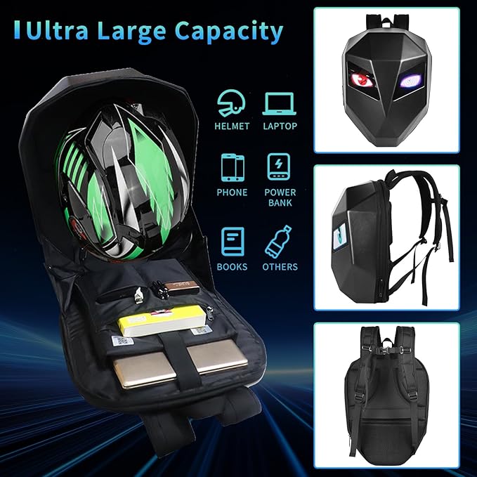 Motorcycle Backpack with LED Eyes, DIY Laptop Backpack for Riding, Cycling, Travel, Waterproof Hard Case Motorbike Bag, Large Size 19" Classic Black