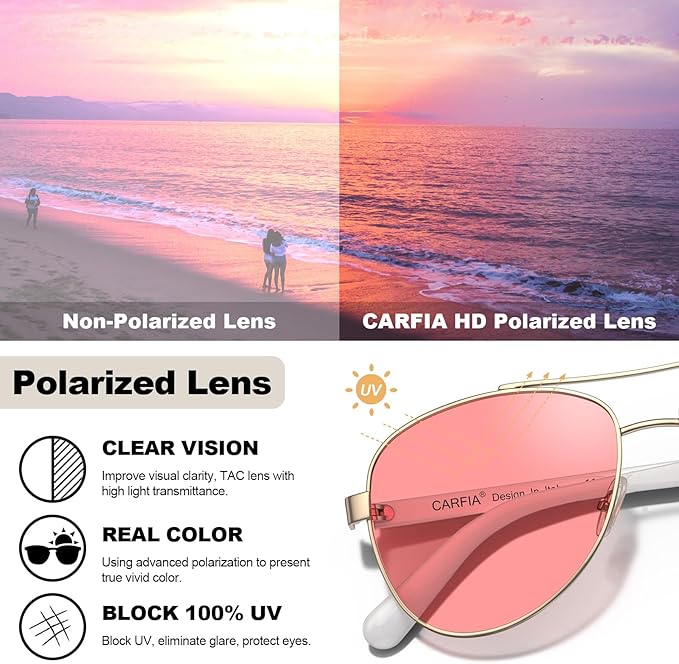 CARFIA Retro Trendy Pilot Sunglasses for Women Polarized UV Protection, Lightweight Outdoor Driving Lady Sunnies Metal Frame