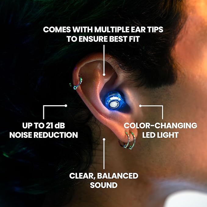 Eargasm Earlights Light Up High Fidelity LED Earplugs for Concerts, Festivals, Raves, Musicians, Sports Events, Live Entertainment for Safe Noise Reduction (Premium Gift Box Packaging)