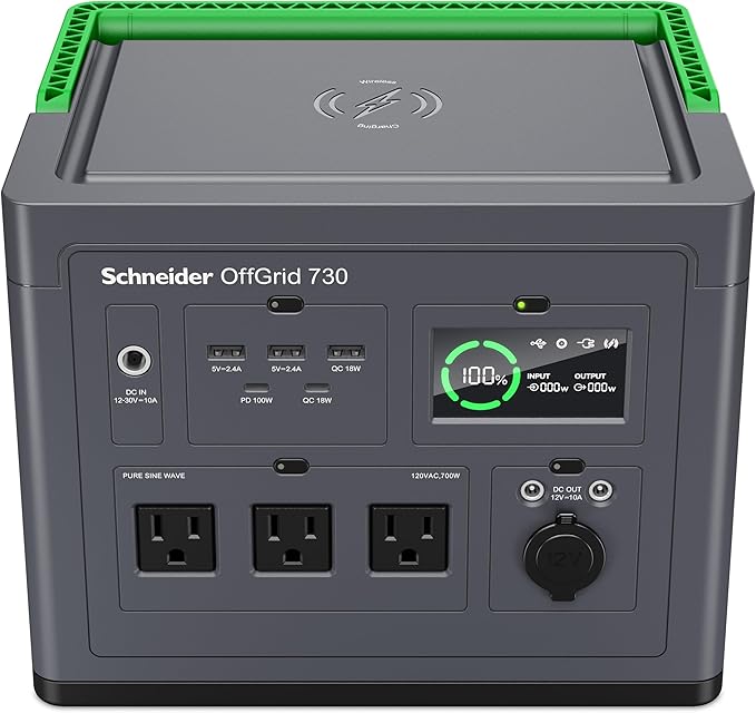 Schneider OffGrid 738Wh Portable Power Station, PPS730 Portable Solar Generator with Wireless Charging Pad, for Camping or Home