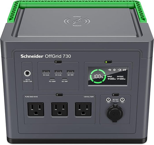Schneider OffGrid 738Wh Portable Power Station, PPS730 Portable Solar Generator with Wireless Charging Pad, for Camping or Home