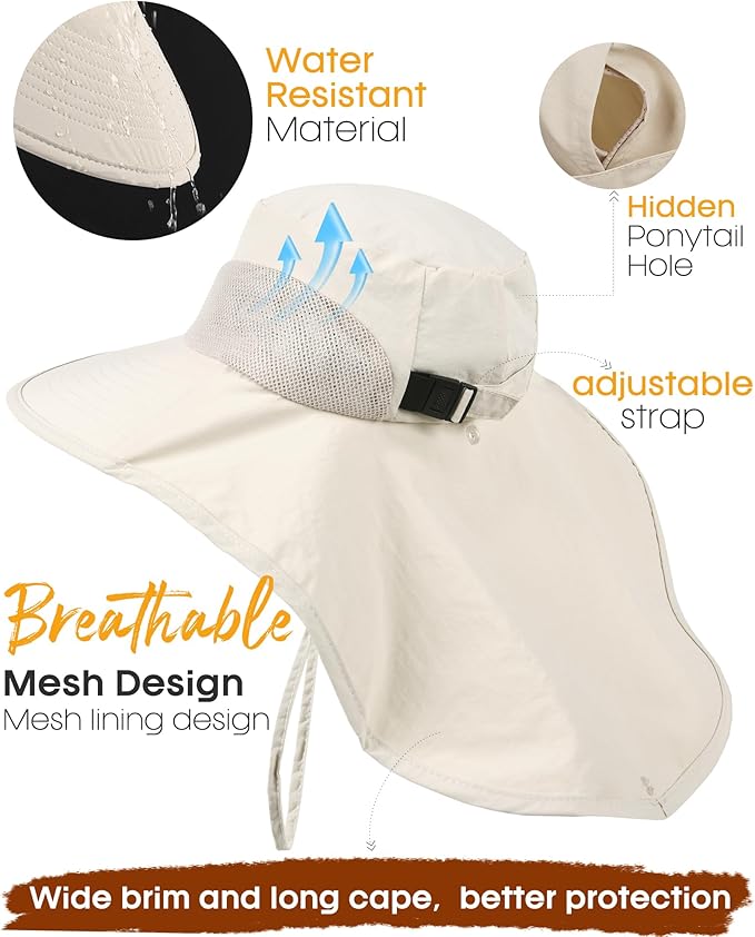 Camptrace Sun Hats for Women Men UPF 50+ UV Protection Wide Brim Hiking Fishing Hat with Neck Flap