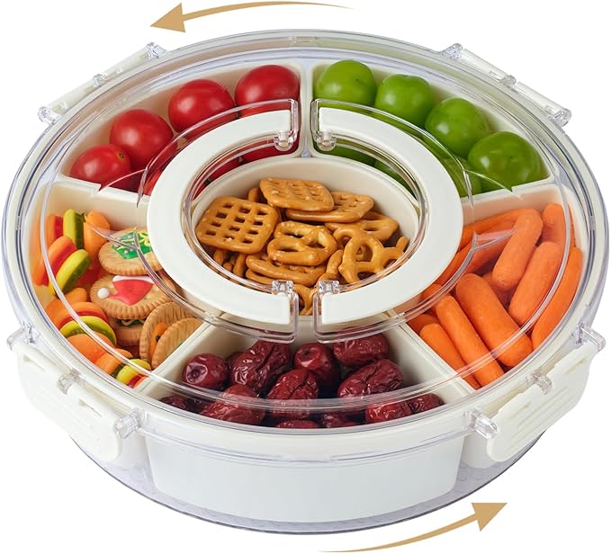 Rotating Divided Serving Tray with Lid and Handle,Snackle Box Container 6-Compartment,Round Snack Box Charcuterie Containers Snack Spinner,Snack Organizer Fruit Platter Veggie Tray for Christmas Party