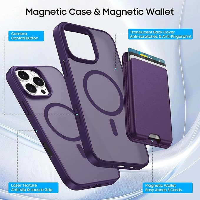 Ntwinro Magnetic for iPhone 16 Pro Case (Compatible with MagSafe) with Detachable Wallet & Card Holder for 3 Cards [RFID Blocking] Military Grade Protective Slim Phone Cover, Purple