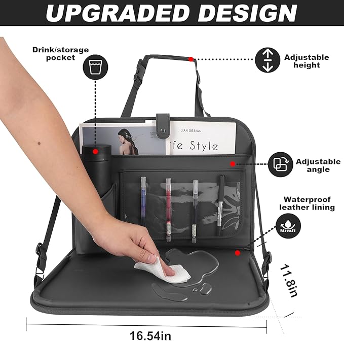 GMQ Backseat Car Organizer with Detachable Steering Wheel Tray 1 Pack,Car Back Seat Laptop Desk, Multifunctional Office Bag,Back Seat Car Storage & Tablet Holder for Kids (Black)