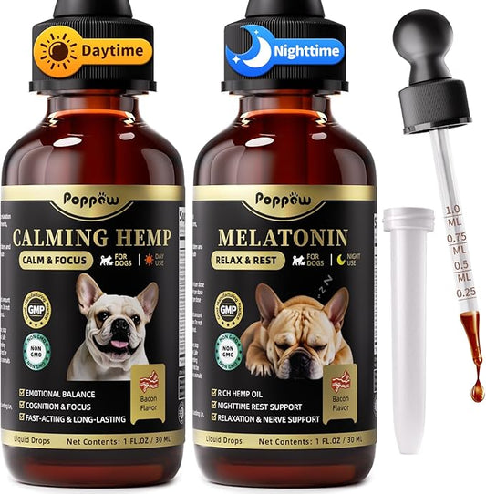 Dog Calming & Melatonin Drops, Day & Night Calm Support Set, Anxiety & Stress Support Calming Treat, Enhance Calmness & Sleep for Separation, Travel, Fireworks & Thunder, Bacon Flavor, 2 FL.Oz