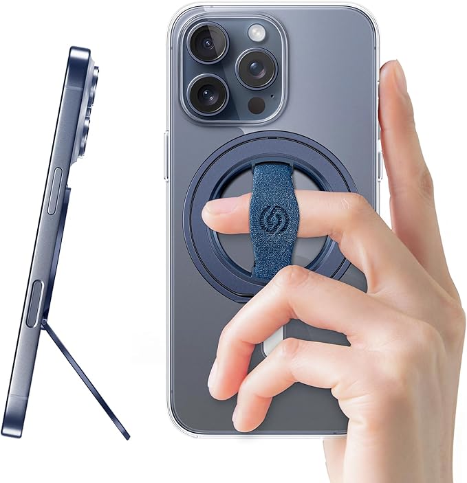 EWA MagOne 3rd Gen [Compatible with MagSafe] Phone Grip Stand with Finger Strap, Removable Magnetic Ring Holder Kickstand Loop for iPhone 16,15, 14, 13, 12 Series-(Blue)