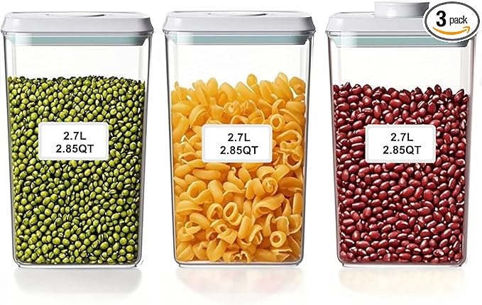 Kahyeets Airtight Food Storage Containers with Lids Airtight Pop Up Containers with Labels Pasta Organizer for Kitchen Pantry Cereal Snack Flour Sugar Coffee, 2700ml / 2.85qt