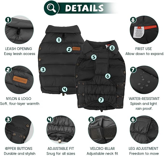 SPACE LION Dog Puffer Jacket, Down Winter Coat, Durable Outdoor Coat for Cold and Windy Conditions, Lightweight & Adjustable Fit Coats for Medium & Large Dogs,(Black, Size16/XL)