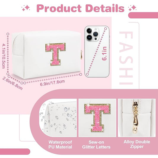Small Personalized Initial A-Z Patch Makeup Bag,White Cute PU Leather Glitter Letter Cosmetic Bag for Teen Girls,Travel Toiletry Bag with Zipper,Preppy Monogrammed Birthday Gift for Daughter Niece T