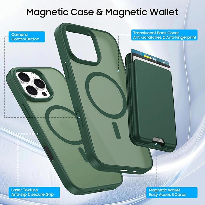 Ntwinro Magnetic for iPhone 16 Pro Max Case (Compatible with MagSafe) with Detachable Wallet & Card Holder for 3 Cards [RFID Blocking] Military Grade Protective Slim Phone Cover, Green