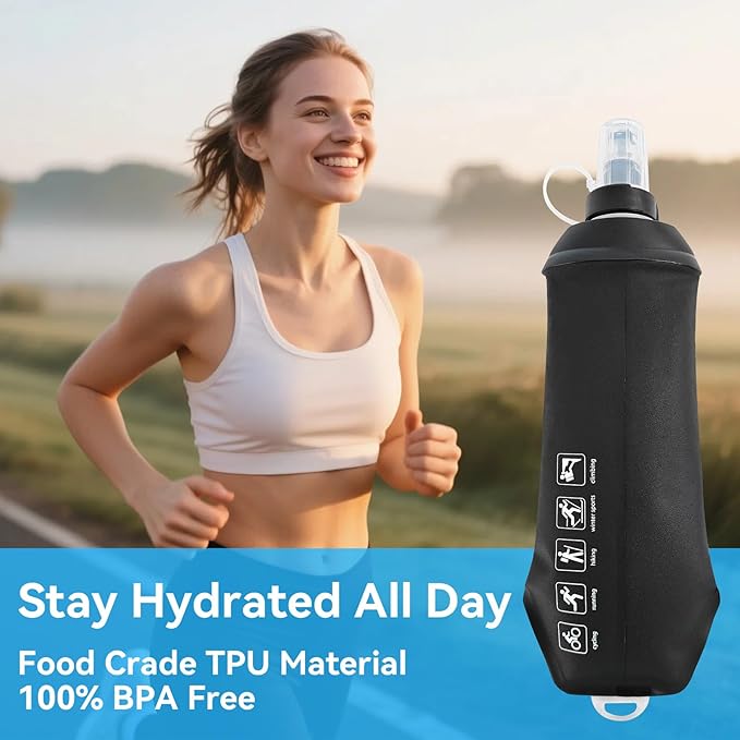 FR 250ml Soft Flask, Collapsible Soft Water Bottle for Hydration Packs - Running & Hiking Folding Water Bottle （Black）