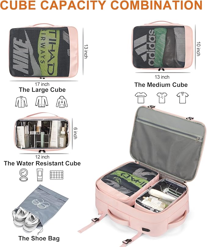 Lumesner Carry on Travel Backpacks, Extra Large 40L Flight Approved for Men & Women,Expandable Suitcase backpack (Pink (Backpack With 4 Packing Cubes))