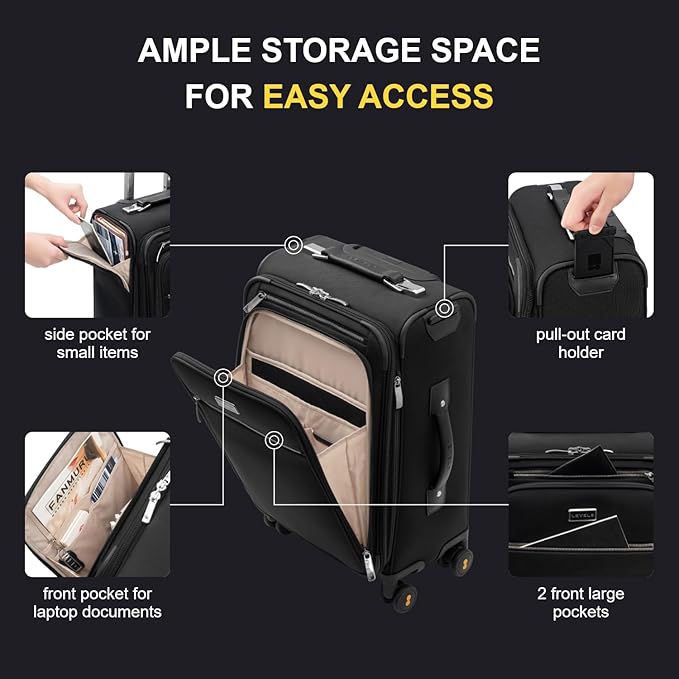 LEVEL8 Carry On Luggage with Compartment, 20 Inch Softside Expandable Travel Suitcase with Spinner Wheels, Top Opening Luggage, Men and Women, Black