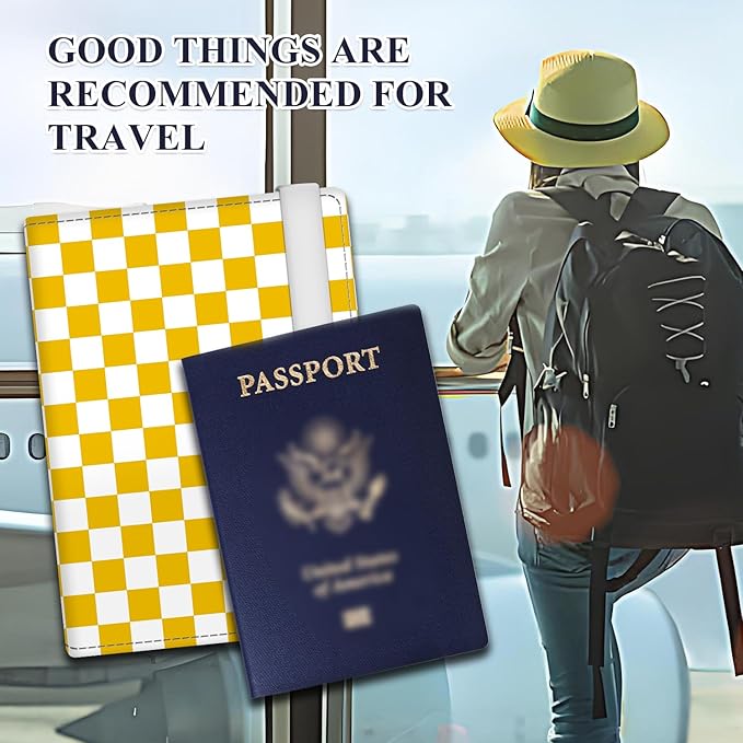Passport Holder for Travel Essentials, RFID Premium Leather Passport Wallet Cover Case for Travel Must Haves Accessories, Passport Book Holders for Women Men Cute Yellow Checkered