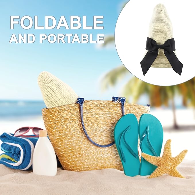 DRESHOW Sun Hats for Women Travel Fedora Foldable Beach Sun Hat Summer Wide Brim Straw Bucket Hat with Bowknot UPF 50+