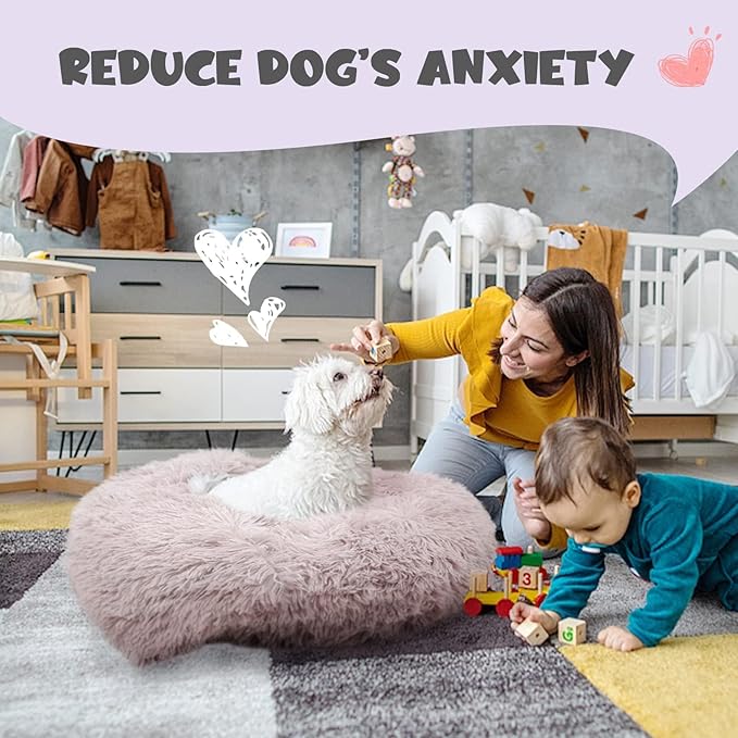 Himax Medium Dog Bed, Round Dogs Beds with Blanket Attached, Comfort Fluffy Calming Dog Bed Washable (20"/26"/35") Deep Grey