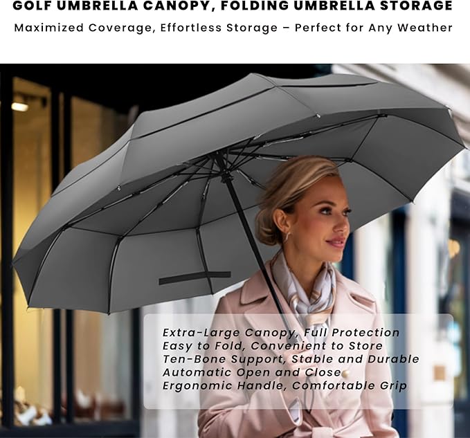 MRTLLOA 49/54/62 Inch Large Folding Golf Umbrella, Oversize Double Canopy Vented 10 Ribs Windproof Compact Travel Umbrellas for Rain